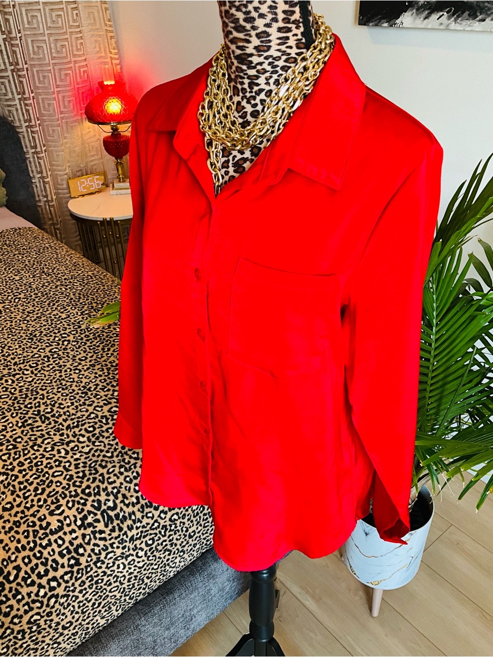 Red Button-Up Blouse - Classic Collared Top - Picture 4 of 8